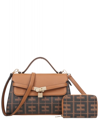 2in1 Pattern Print Key Lock Satchel Bag with Wallet EE-2103A BROWN